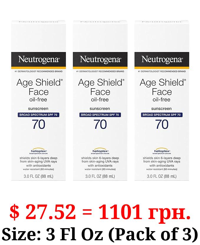 Neutrogena Age Shield Face Oil-Free Sunscreen Lotion with Broad Spectrum SPF 70, Non-Comedogenic Moisturizing Sunscreen to Help Prevent Signs of Aging, PABA-Free, 3 fl. oz (Pack of 3)