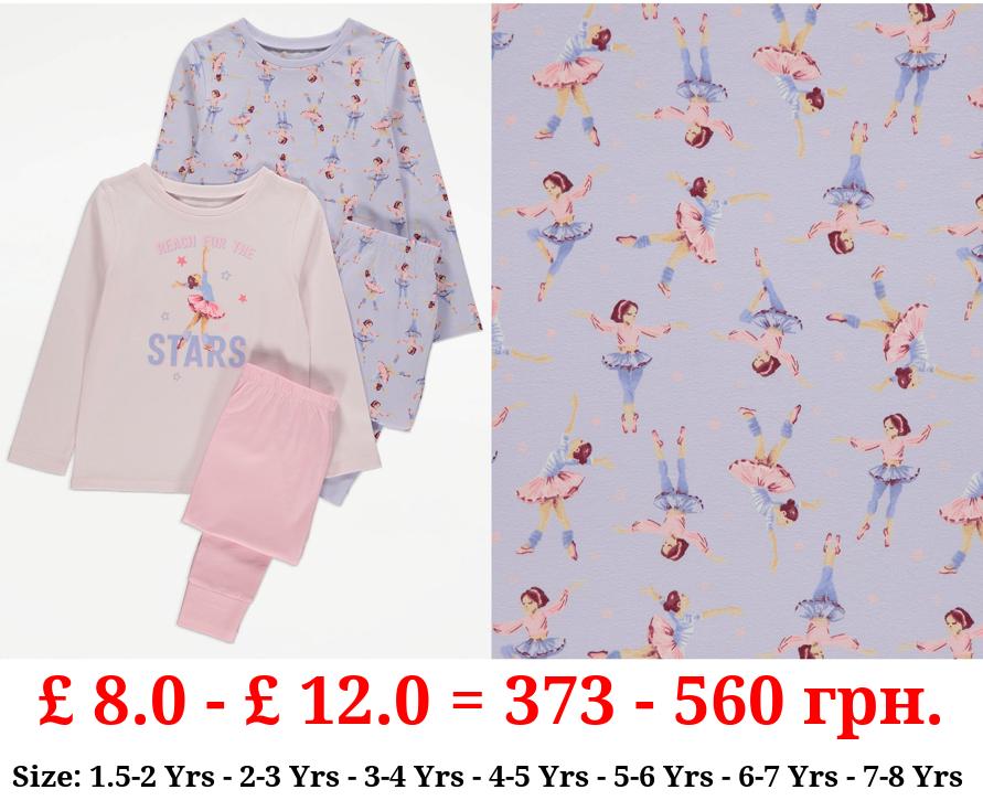 Ballerina Print Long Sleeve Pyjamas 2 Pack