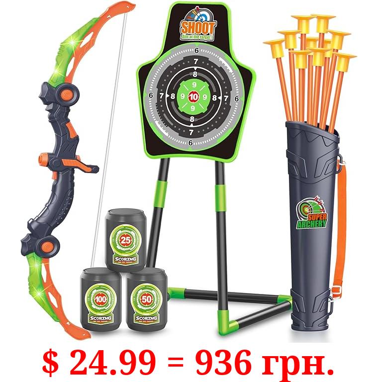 SpringFlower Bow and Arrow Toys for Kids, Archery Set Includes Super Bow with LED Lights, 10 Suction Cups Arrows,Archery Set with Standing Target and 3 Target Cans for Boys and Girls