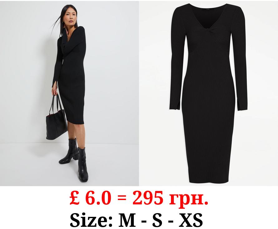 Black Ribbed Twist Front Midi Dress