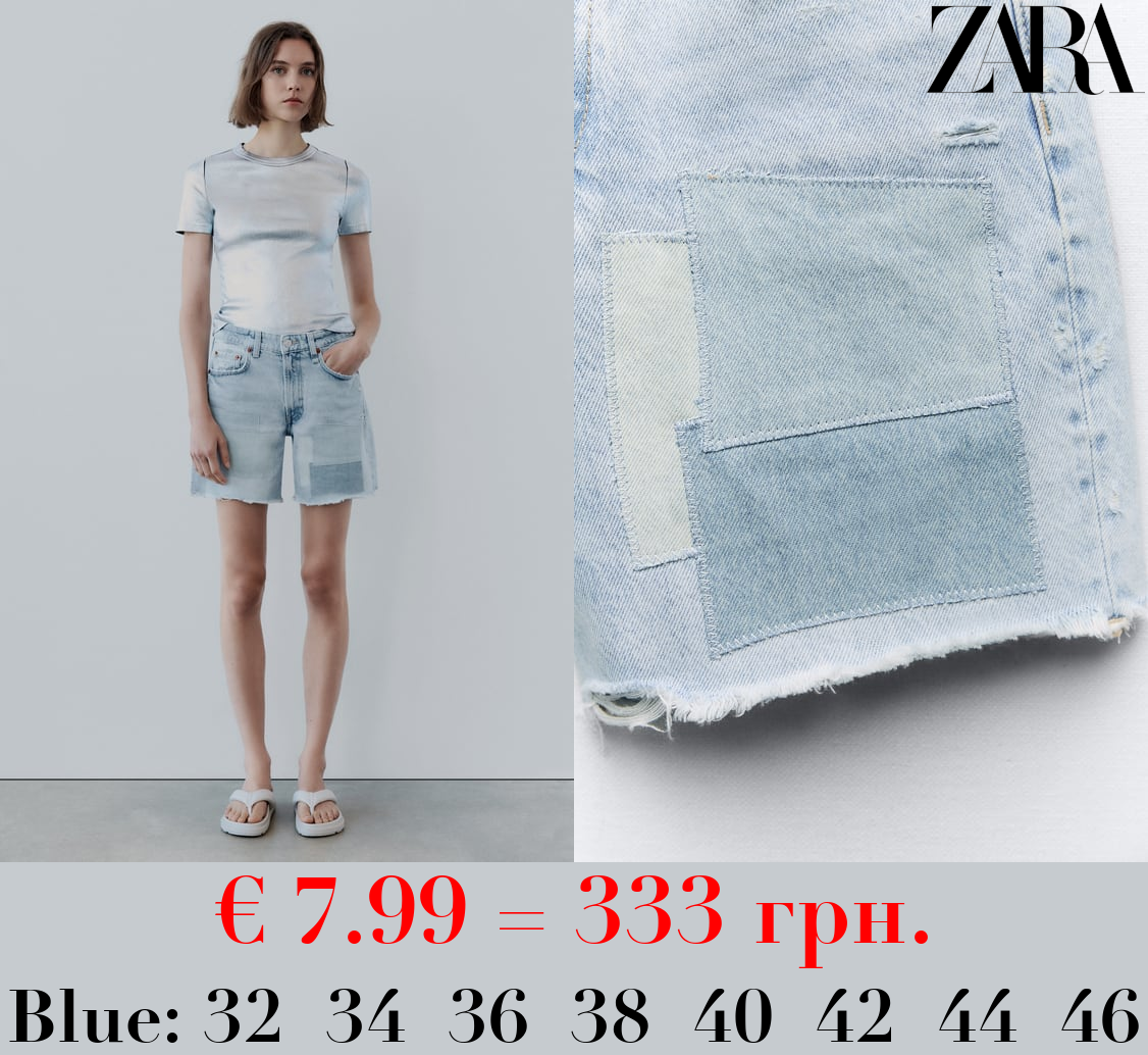 TRF MID-RISE DENIM BERMUDA SHORTS WITH PATCHES