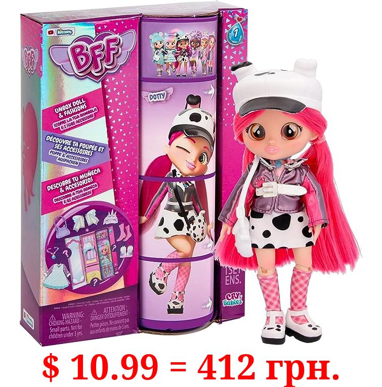 Cry Babies BFF Dotty Fashion Doll with 9+ Surprises Including Outfit and Accessories for Fashion Toy, Girls and Boys Ages 4 and Up, 7.8 Inch Doll