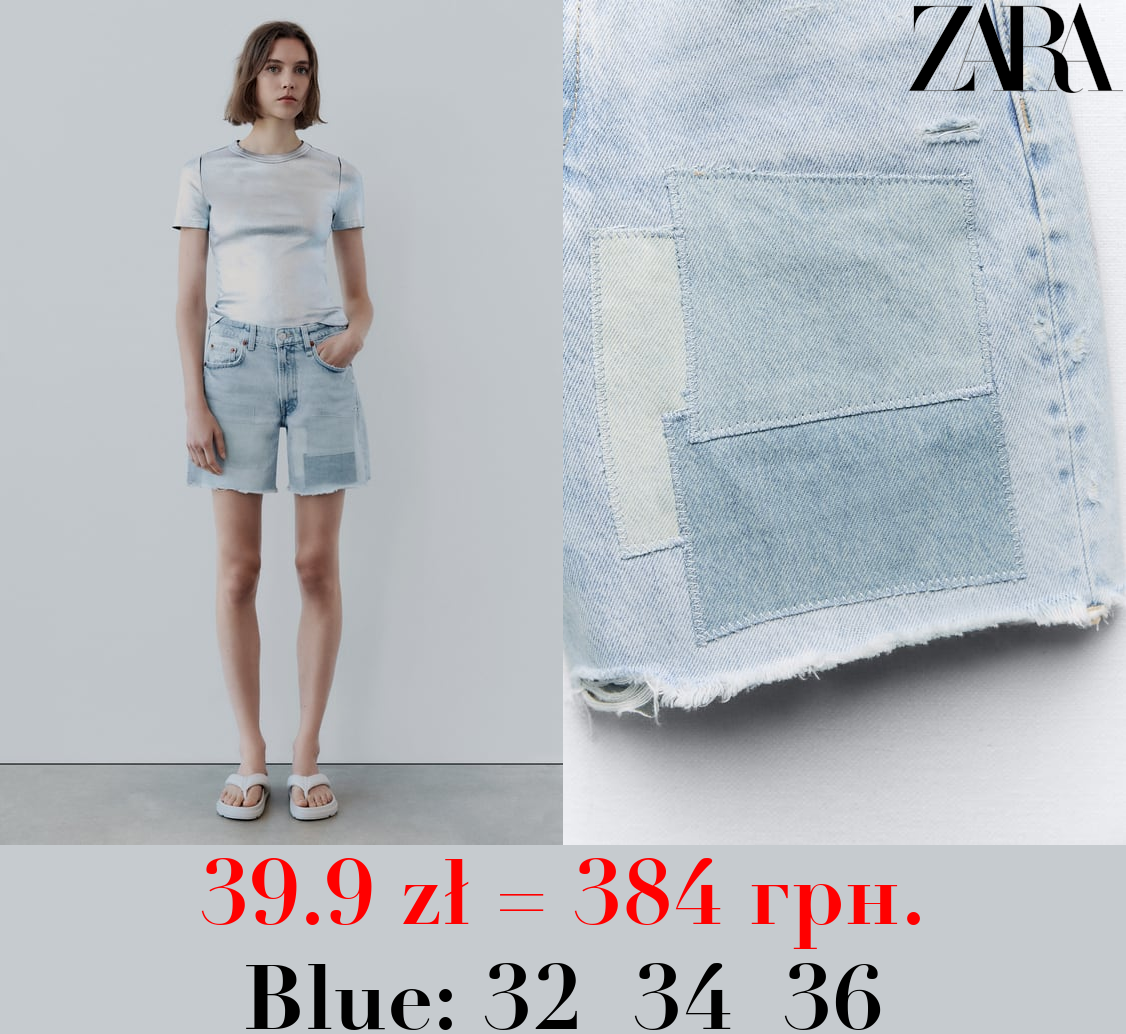 TRF MID-RISE DENIM BERMUDA SHORTS WITH PATCHES