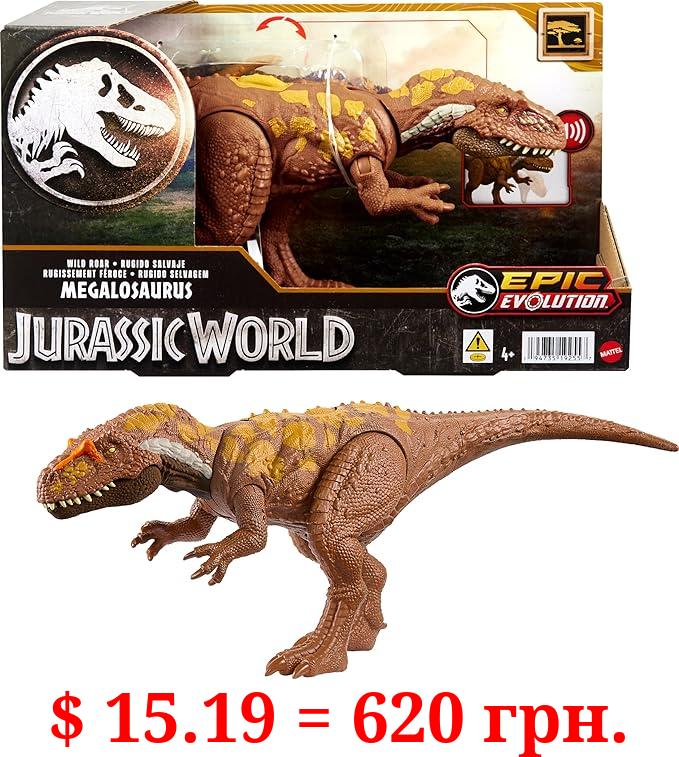 Jurassic World Wild Roar Megalosaurus Dinosaur Figure with Continuing Roar Sound & Attack Action, Posable Physical Toy & Digital Play