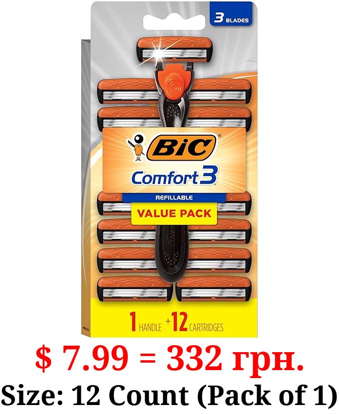 BIC Comfort 3 Refillable Three-Blade Disposable Razors for Men, Sensitive Skin Razor for a Comfortable Shave, 1 Handle and 12 Cartridges With 3 Blades, 13 Piece Razor Kit