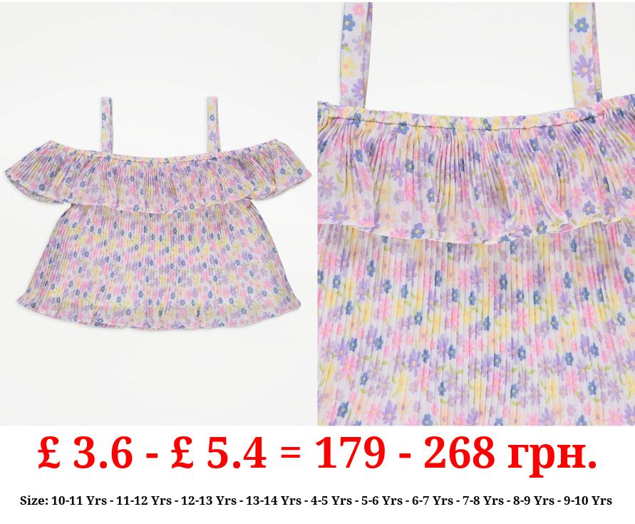 Floral Pleated Cold Shoulder Top