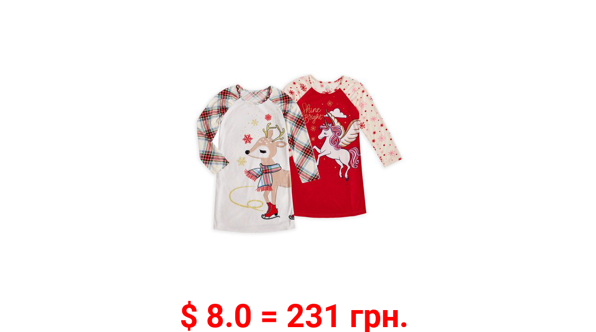 Wonder Nation Girls Fleece Christmas Long Sleeve Nightgown Pajamas, 2-Pack, Sizes 4-18 & Plus