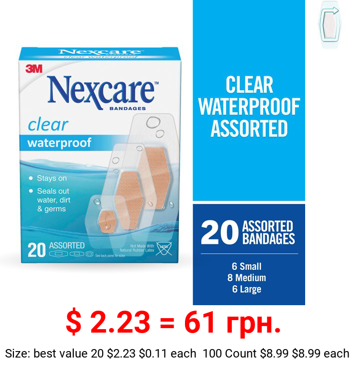 Nexcare Waterproof Clear Bandages, Assorted Sizes, 20 Count