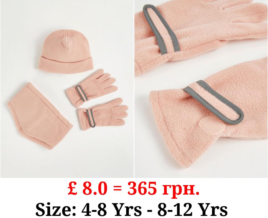 Pink Fleece Hat Snood and Gloves 3 Piece Set