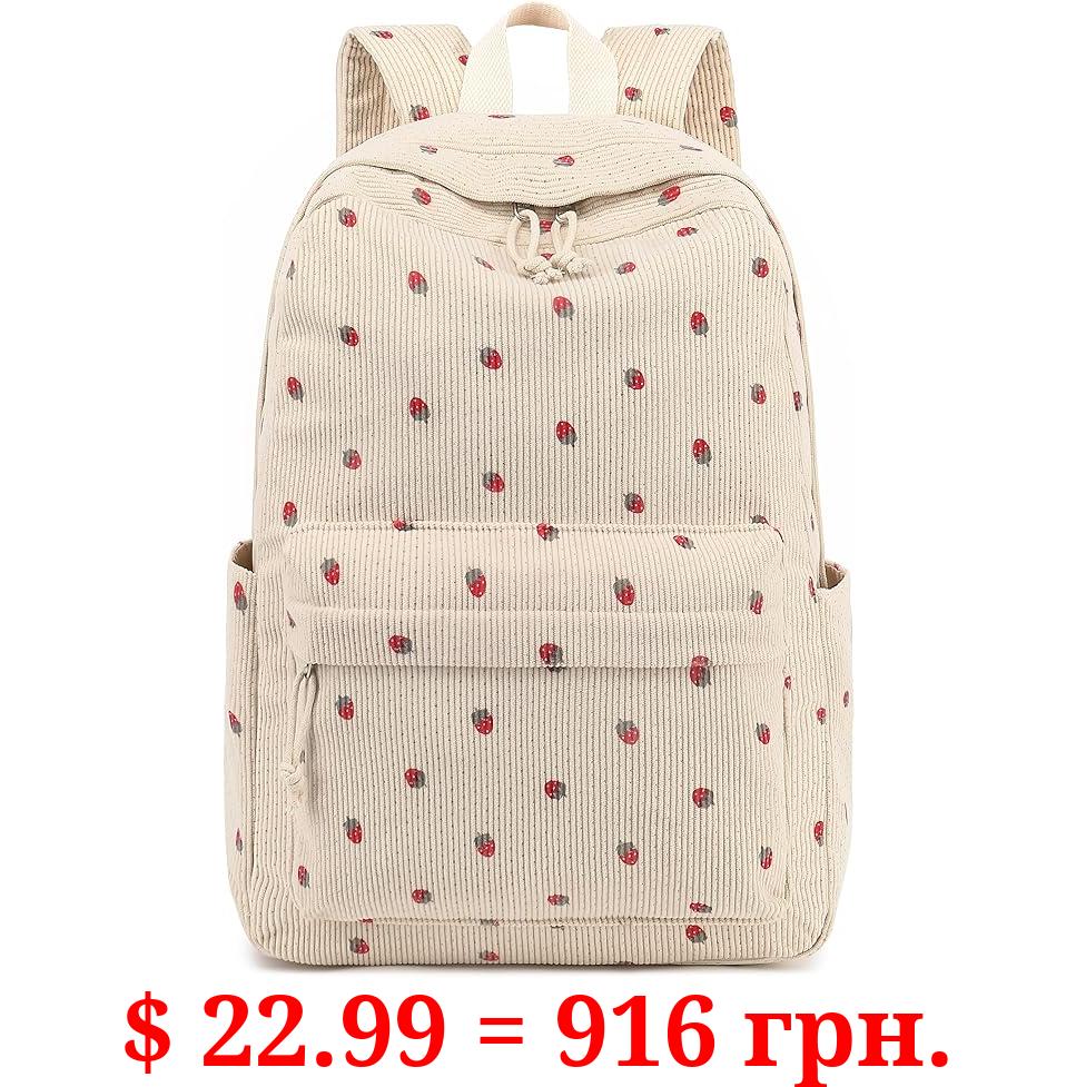 School Backpack for Teen Girls Bookbags Elementary High School Corduroy Laptop Bags Women Travel Daypacks (Strawberry Beige)