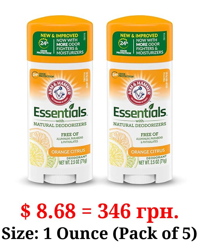 ARM & HAMMER Essentials Deodorant- Orange Citrus- Solid Oval - Made with Natural Deodorizers- Free From Aluminum, Parabens & Phthalates, 2.5 oz (Pack of 2)