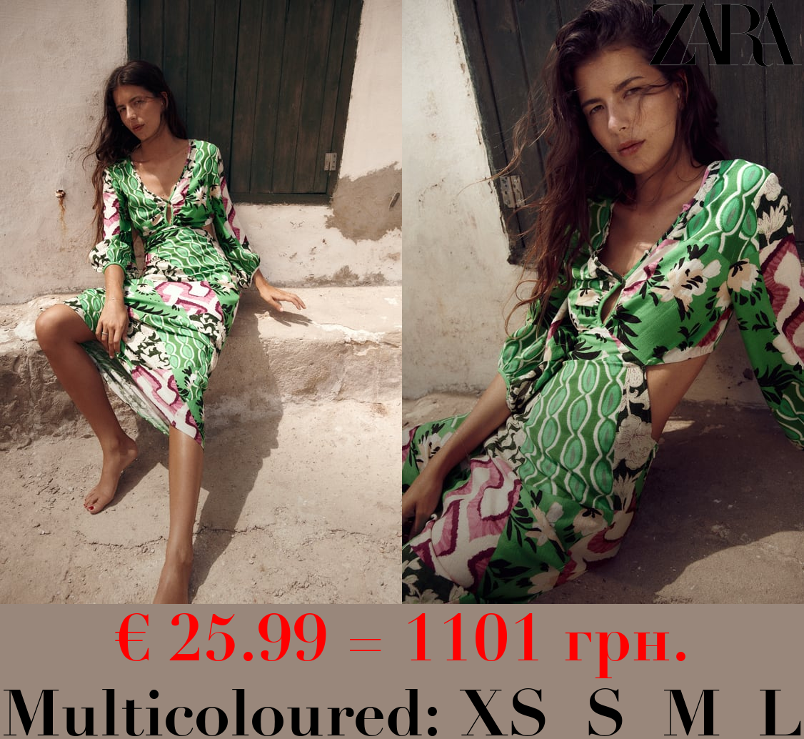 PRINTED LINEN BLEND MIDI DRESS