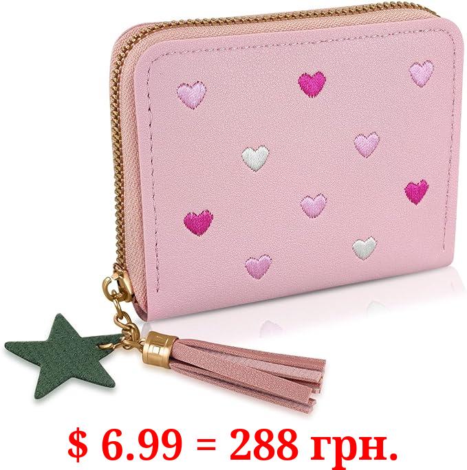 WisePoint Ladies Purse Wallet, PU Leather Purse Lady Credit Card Holder with Star Pendant, Solid Color Wallet (pink)