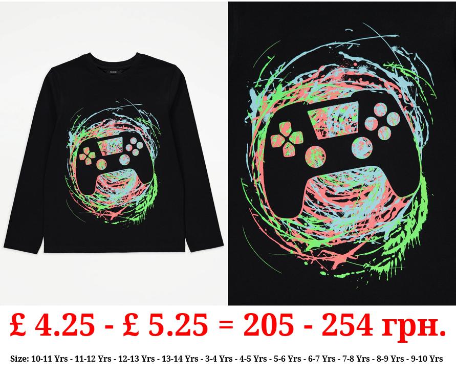 Black Gaming Controller Graphic Long Sleeve Top