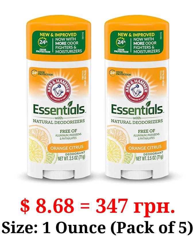 ARM & HAMMER Essentials Deodorant- Orange Citrus- Solid Oval - Made with Natural Deodorizers- Free From Aluminum, Parabens & Phthalates, 2.5 oz (Pack of 2)