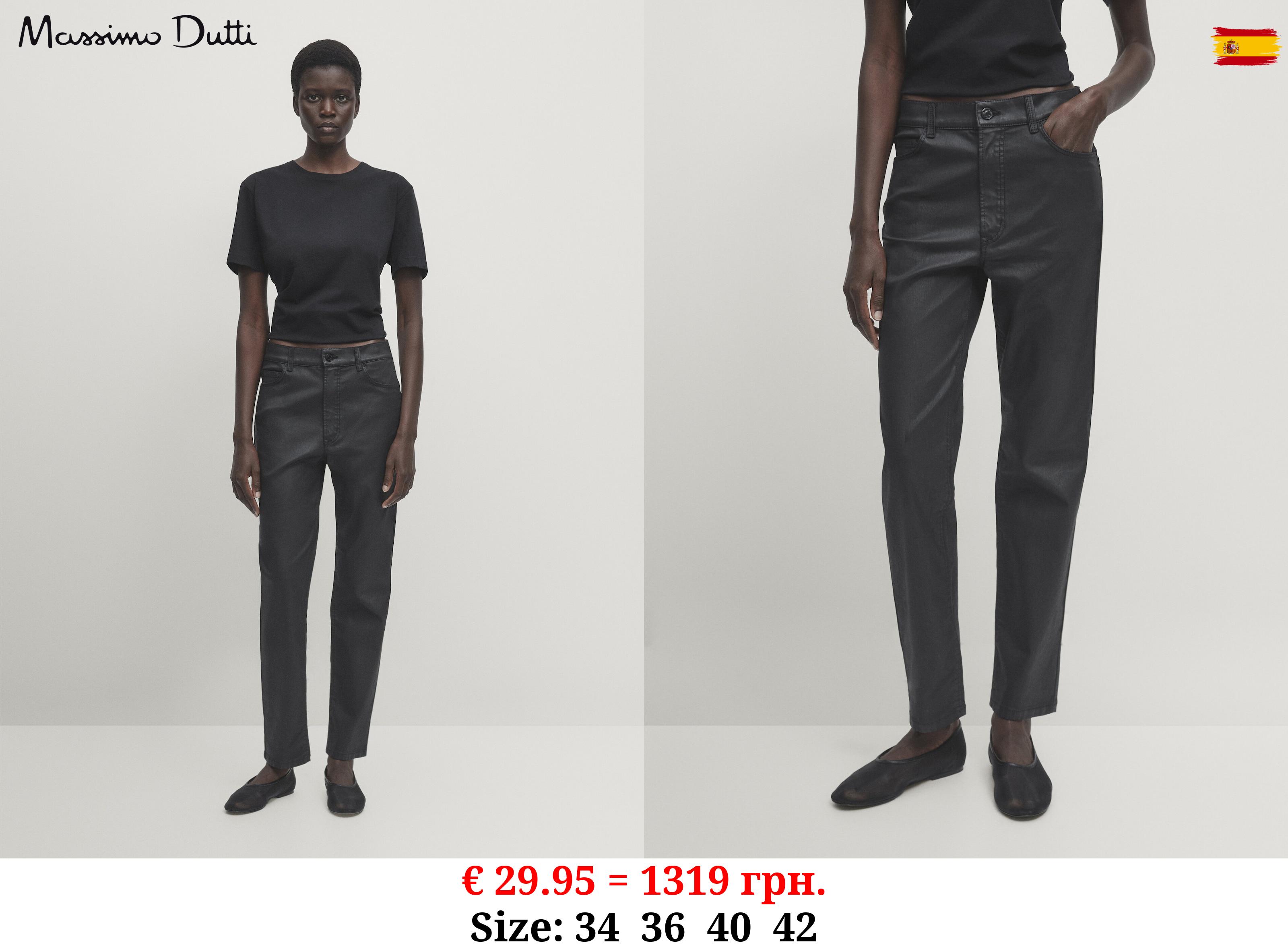 High-waist straight-leg coated trousers BLACK