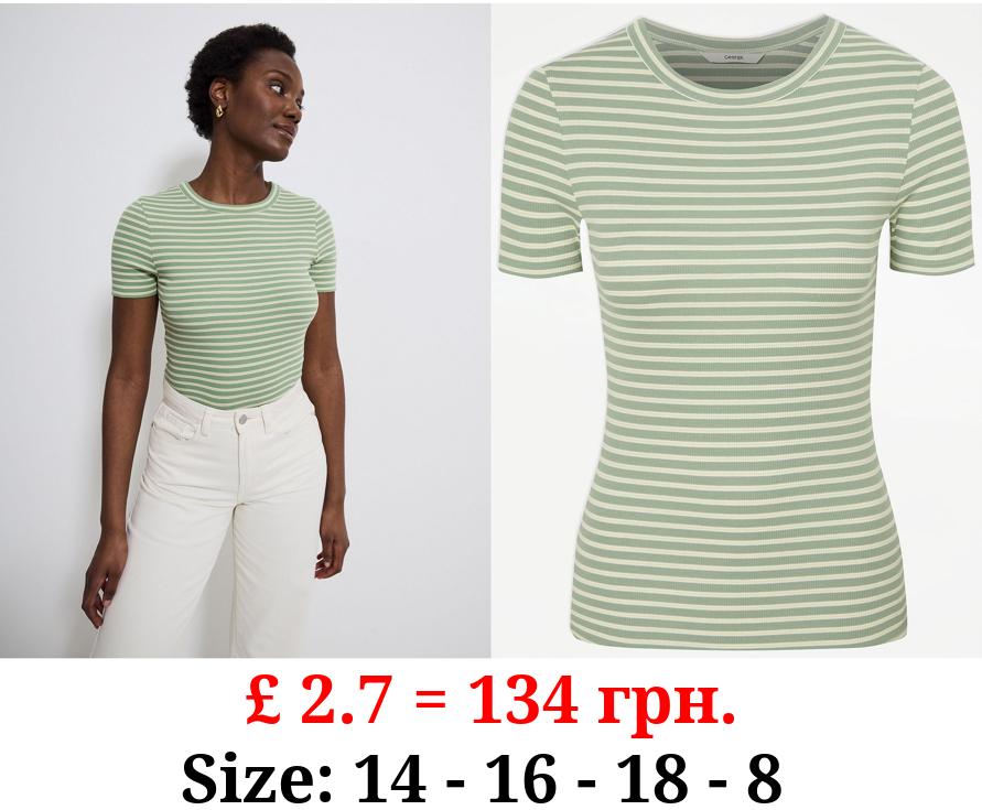 Green Stripe Ribbed Short Sleeve Top