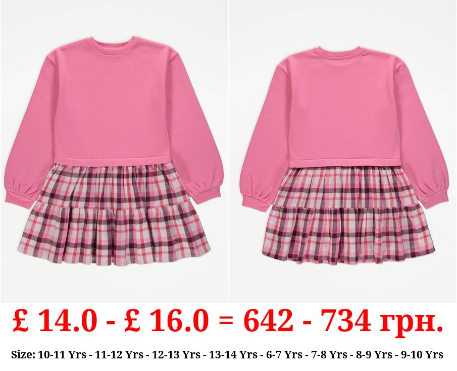 Pink Sweatshirt Checked 2in1 Tiered Dress