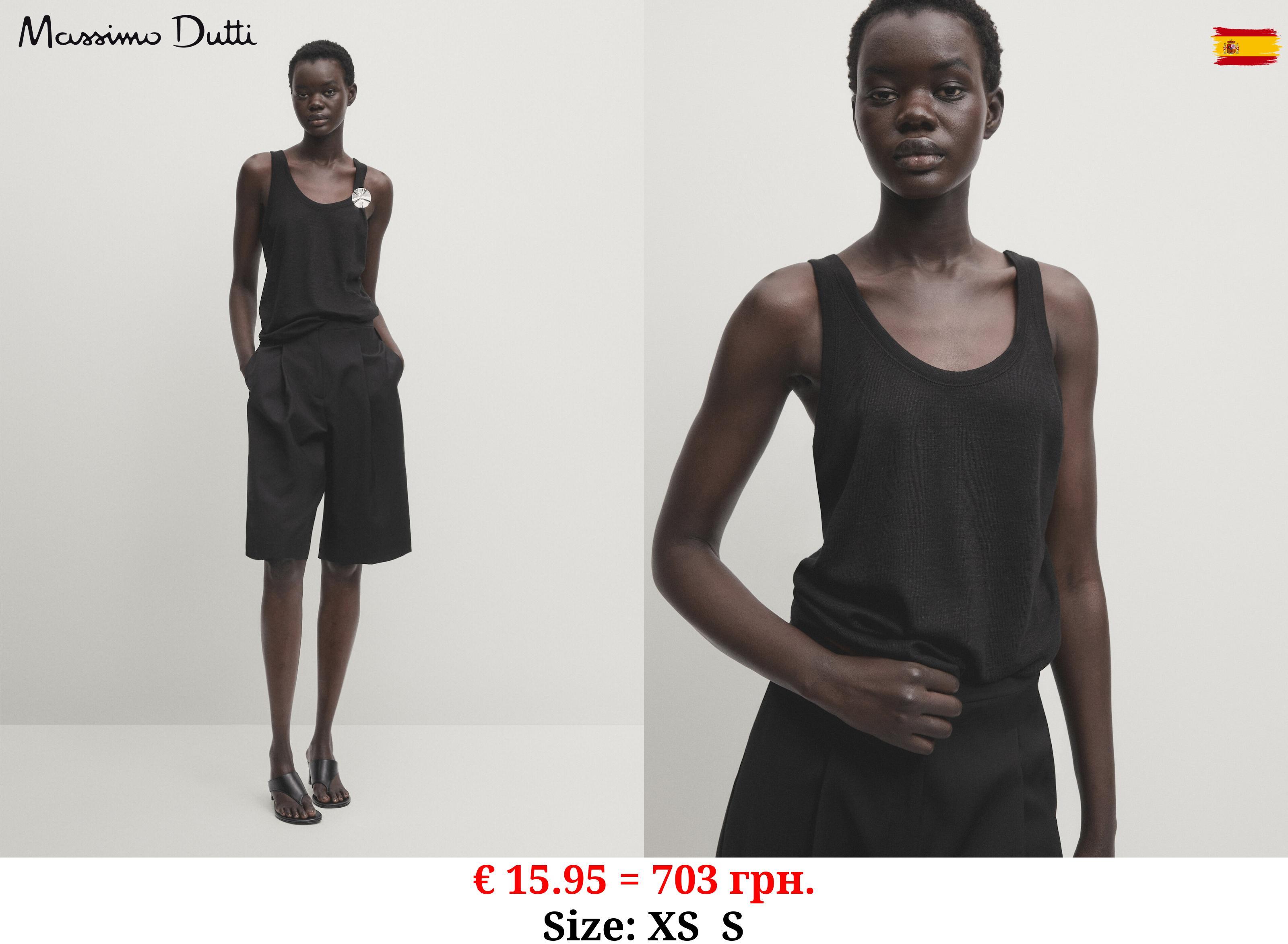 100% linen strappy top with ribbed detail BLACK