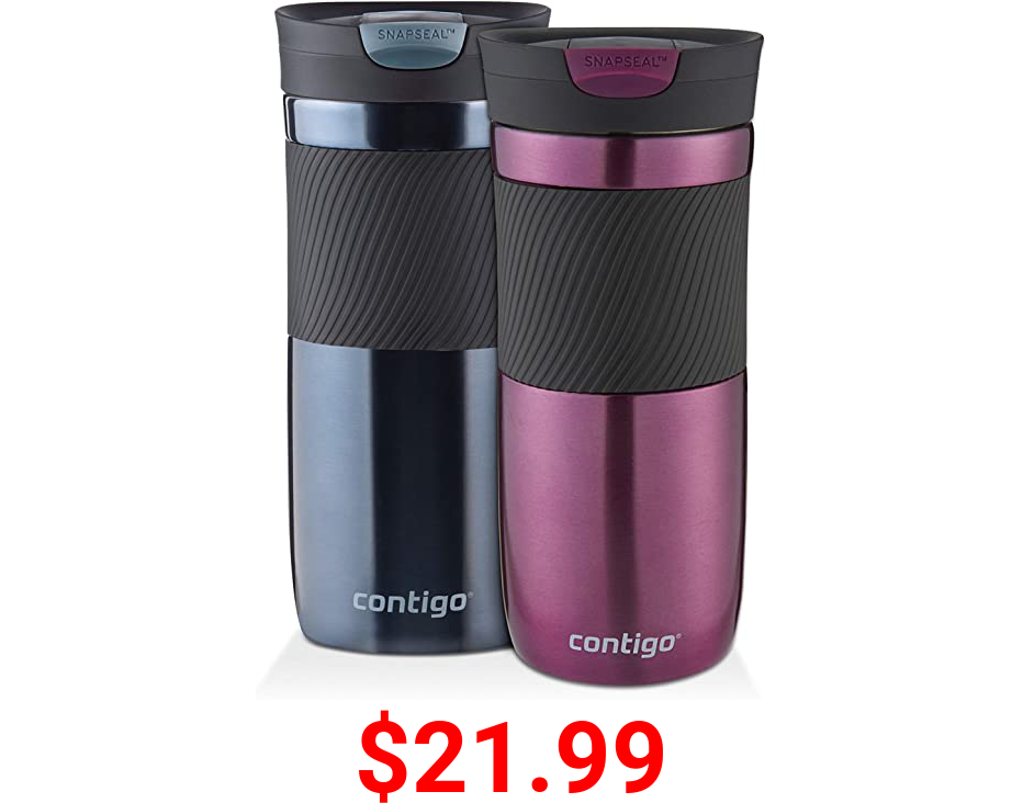 Contigo SnapSeal Byron Vacuum-Insulated Stainless Steel Travel Mug, 16 oz, Radiant Orchid and Stormy Weather