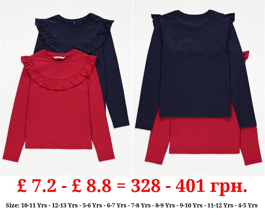 Glitter Sparkle Long Sleeve Ruffle Tops 2 Pack