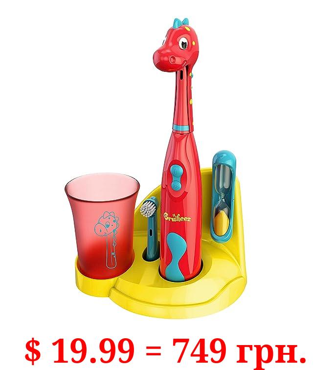 Brusheez® Kids’ Electric Toothbrush Set - Safe & Effective for Ages 3+ - Parent Tested & Approved with Gentle Bristles, 2 Brush Heads, Rinse Cup, 2-Minute Timer, & Storage Base (Pepper The Dino)