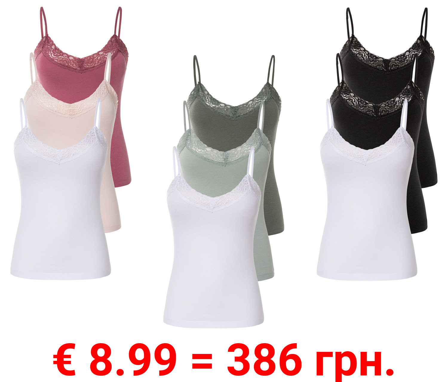 esmara® Damen Spaghettitops, 3 Stück, mit Spitze