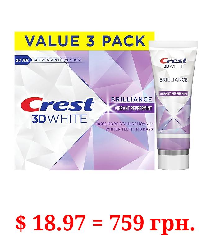 Crest 3D White Brilliance Vibrant Peppermint Teeth Whitening Toothpaste, 4.6 oz Pack of 3, Anticavity Fluoride Toothpaste, 100% More Surface Stain Removal, 24 Hour Active Stain Prevention