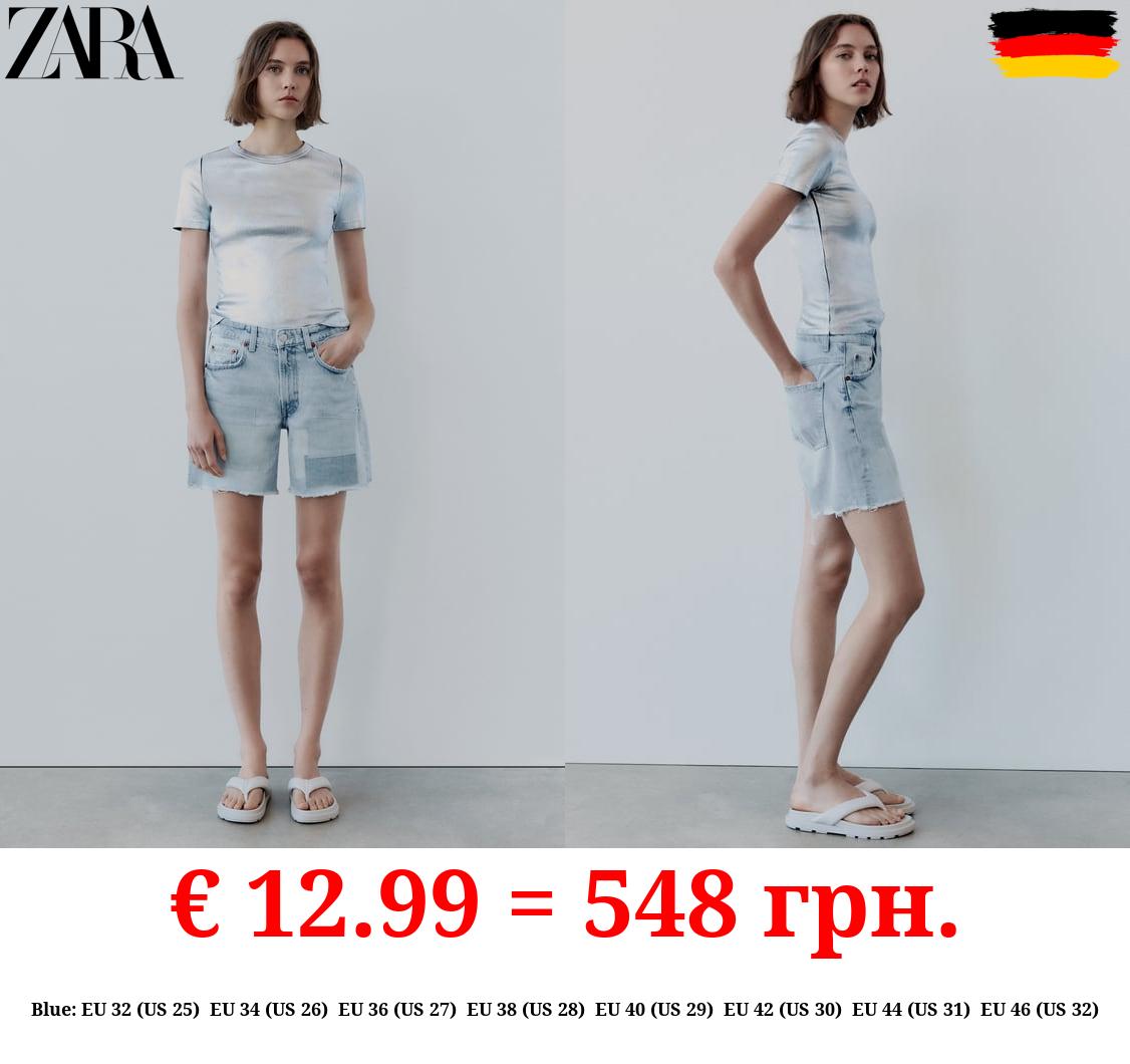 TRF MID-RISE DENIM BERMUDA SHORTS WITH PATCHES