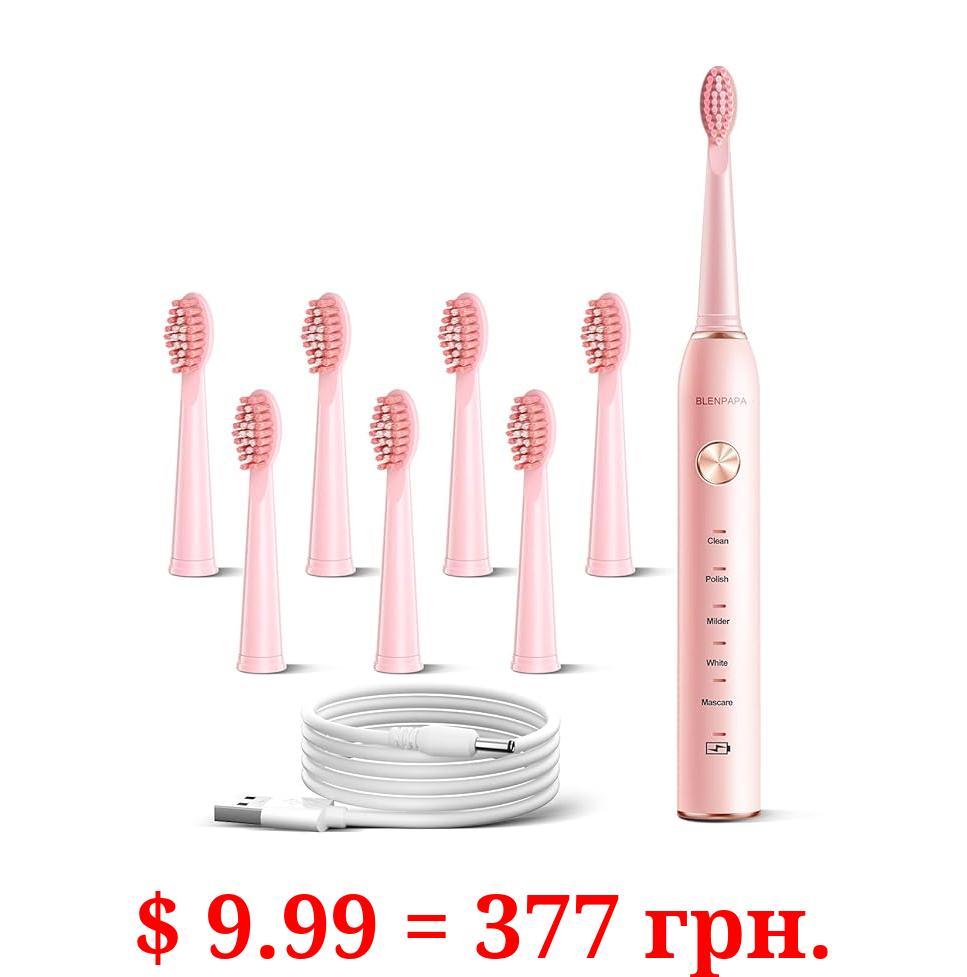 Blenpapa Sonicare Electric Toothbrush for Adults, Smart Cleaning and Whitening, 5 Modes Selection 38000VPM Rechargeable, with Dupant Brush Heads Suitable for Travel, 1 Count, Pink