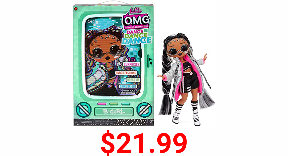 LOL Surprise OMG Dance Dance Dance B-Gurl Fashion Doll with 15 Surprises Including Magic Black Light, Shoes, Hair Brush, Doll Stand and TV Package - Great Gift for Girls Age 4+