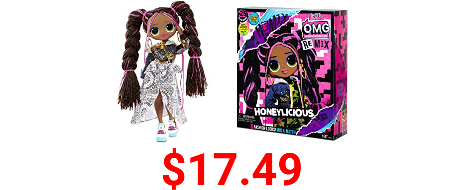 LOL Surprise OMG Remix Honeylicious Fashion Doll, Plays Music with 25 Surprises Including Shoes, Hair Brush, Doll Stand, Magazine, and Record Player Package - For Girls Ages 4+