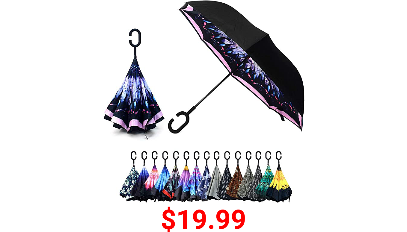 Pink Feather Double Layer Inverted Umbrellas - C Shaped Handle Reverse Folding Windproof Umbrella for Men and Women