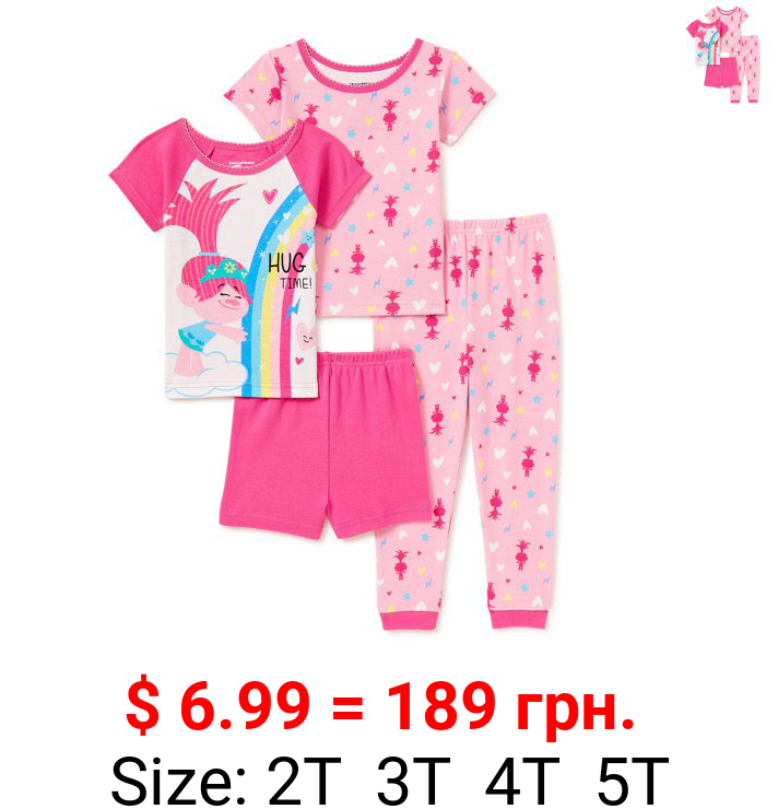 Trolls Toddler Girl Snug Fit Cotton Short Sleeve Pajamas, 4-Piece Set, Sizes 2T-5T