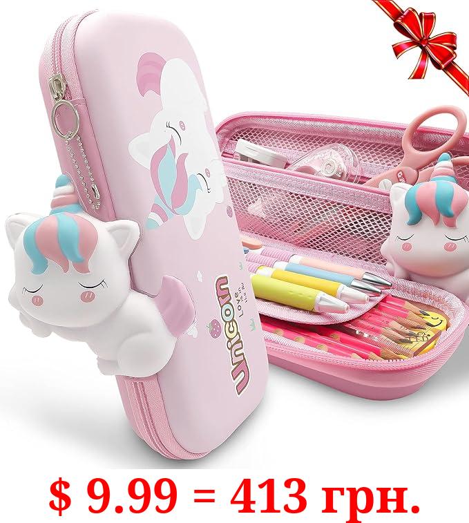 GFANSY Unicorn Pencil Case for Girls, Cute Pencil Case for Kids, Storage Pouch Large Capacity with Compartment & Zipper & Astronaut Ornaments, Toddler Pink Portable Pencil Bag