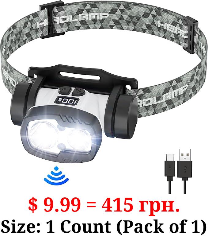 BOBKID Rechargeable LED Headlamp Flashlight, 1500 Lumen Headlight with 9 Modes, Motion Sensor Head Lamp Camping Essentials Gear, Waterproof Head Light Flashlight for Hiking, Fishing, Cycling, Black