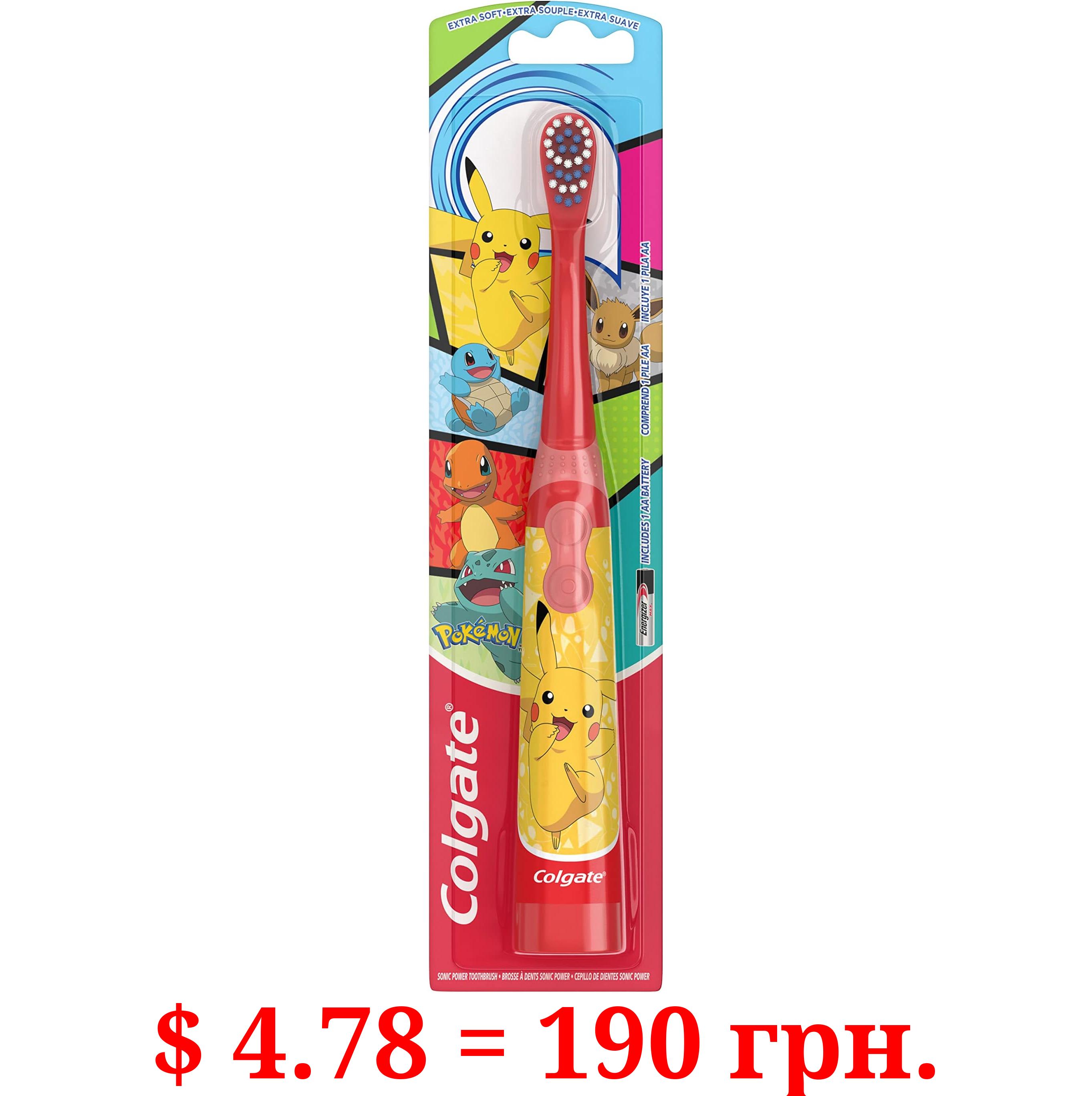Colgate Kids Battery Powered Toothbrush, Kids Battery Toothbrush with Included AA Battery, Extra Soft Bristles, Flat-Laying Handle to Prevent Rolling, Pokemon Toothbrush, 1 Pack (Style May Vary)