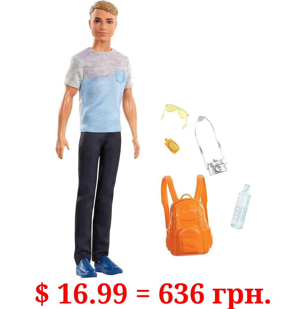 Barbie Ken Doll & 5 Travel-Themed Accessories, Includes Backpack that Opens & Closes, Fashion Doll with Dark Brown Hair
