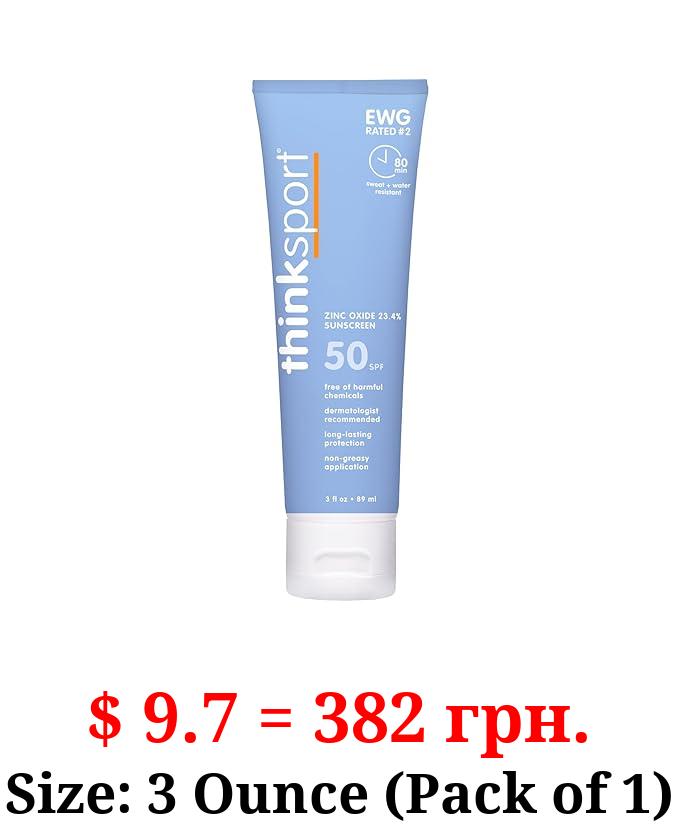 Thinksport SPF 50+ Mineral Sunscreen – Safe, Natural Sunblock for Sports & Active Use - Water Resistant Sun Cream –UVA/UVB Sun Protection – Vegan, Reef Friendly Sun Lotion, 3oz