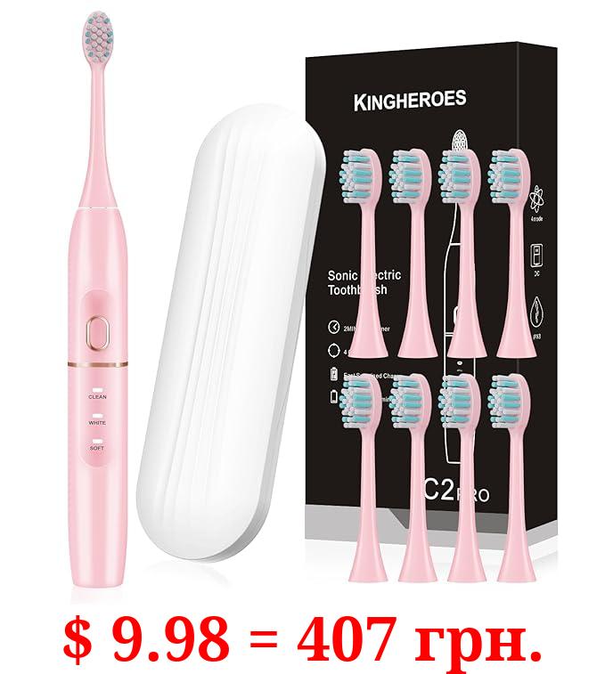 kingheroes Electric Toothbrush Set, Comes with 8 Brush Heads & Travel Case,4 Modes with 2 Minutes Built in Smart Timer, One Charge for 60 Days, 42000 VPM Motor (Pink)