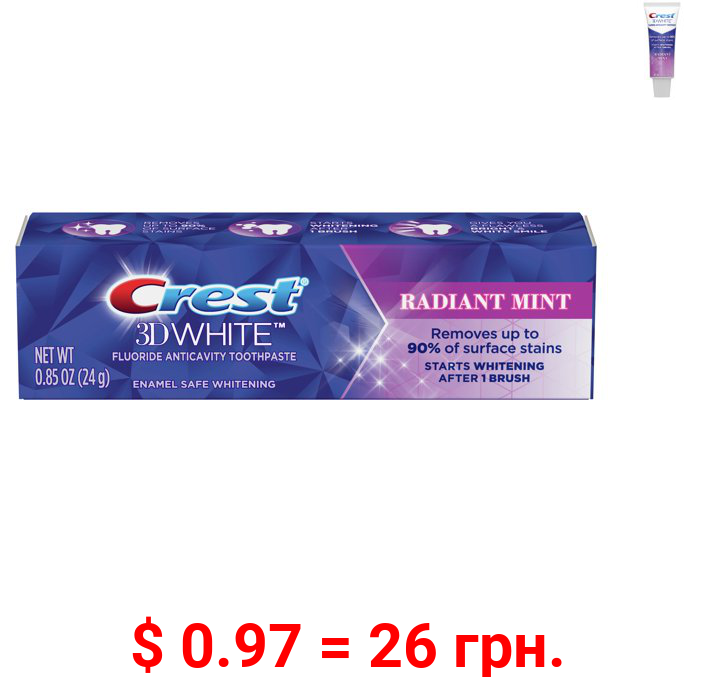 Crest 3D White Teeth Whitening Toothpaste, Radiant Mint, .85 Oz