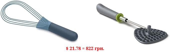 Joseph Joseph 981000 Twist Whisk 2-In-1 Collapsible Balloon and Flat Whisk Silicone Coated Steel Wire, Sky & Delta Folding Potato Masher Stores Flat Space Saving Locking, One-Size, Gray/Green