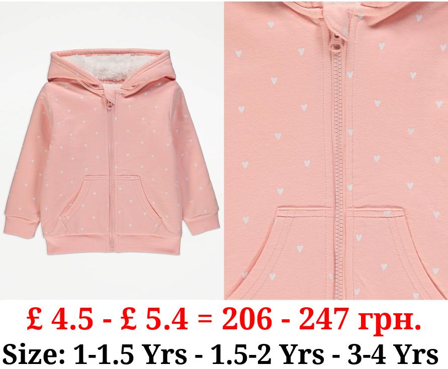 Pink Heart Print Zip Up Hoodie