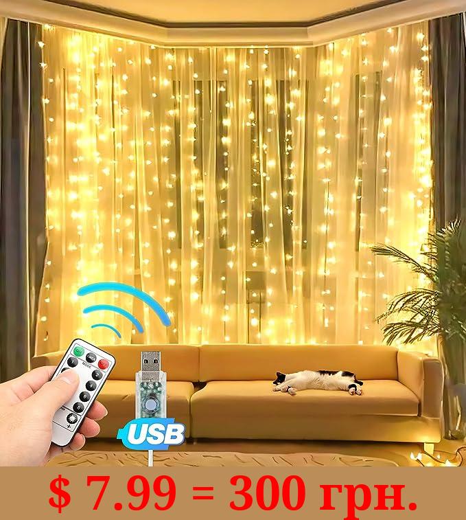 Eueasy 300 LED Curtain Lights, 9.8ft x 9.8ft Fairy Lights with 8 Modes, String Hanging Lights, Remote Control, Perfect for Indoor/Outdoor Christmas, Wedding, Party Wall Decorations (Warm White)