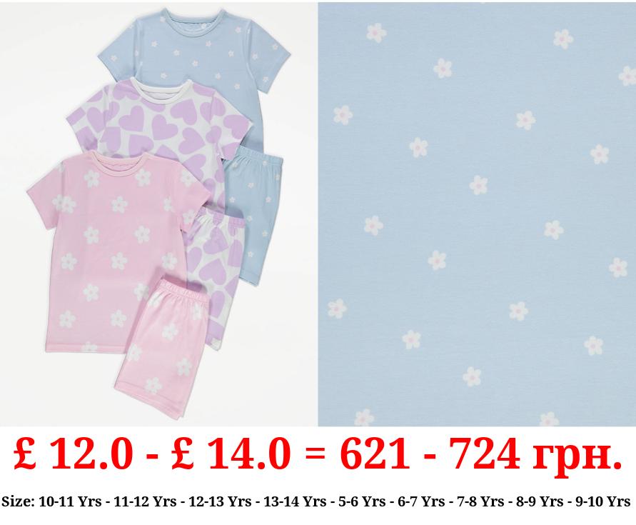 Pastel Flower Heart Short Pyjamas 3 Pack