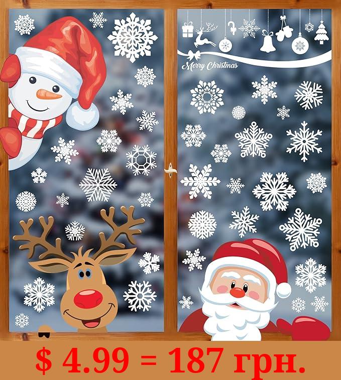 Double-Sided Christmas Window Clings, Window Decorations Stickers for Glass,Adorable Designed Decorative Window Film Christmas Snowflakes Clings with Santa Claus,Reindeer,Snowman,ELF