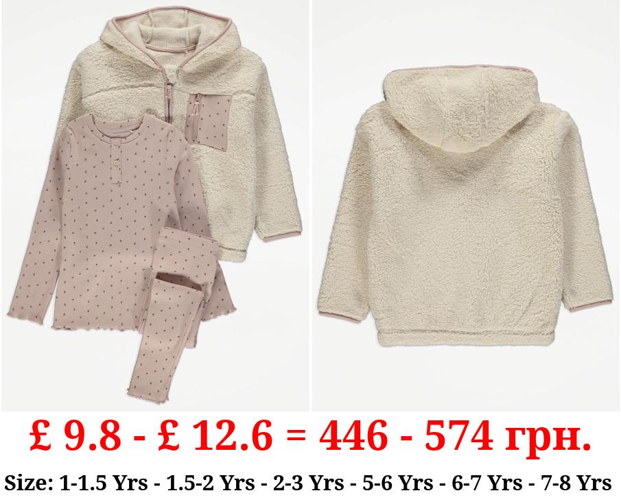 Cream Borg Fleece Top and Leggings 3 Piece Outfit