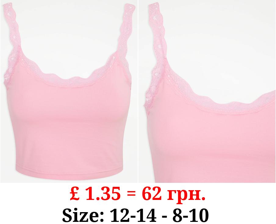 Pink Lace Trim Cropped Pyjama Top