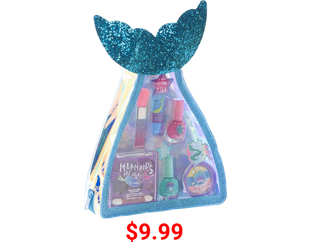Townley Girl Mermaid Vibes Makeup Set with 8 Pieces, Including Lip Gloss, Nail Polish, Body Shimmer and More in Mermaid Bag, Ages 3+ for Parties, Sleepovers and Makeovers