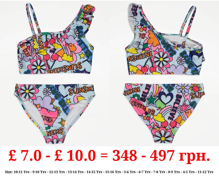 Bright Floral Sunshine Frill One Shoulder Bikini